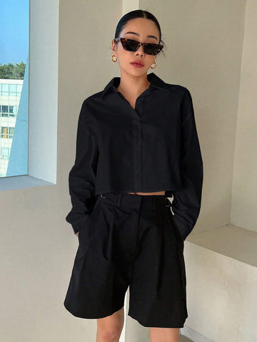 DAZY Solid Color Turn-Down Collar Short Length Women Long Sleeve Shirt