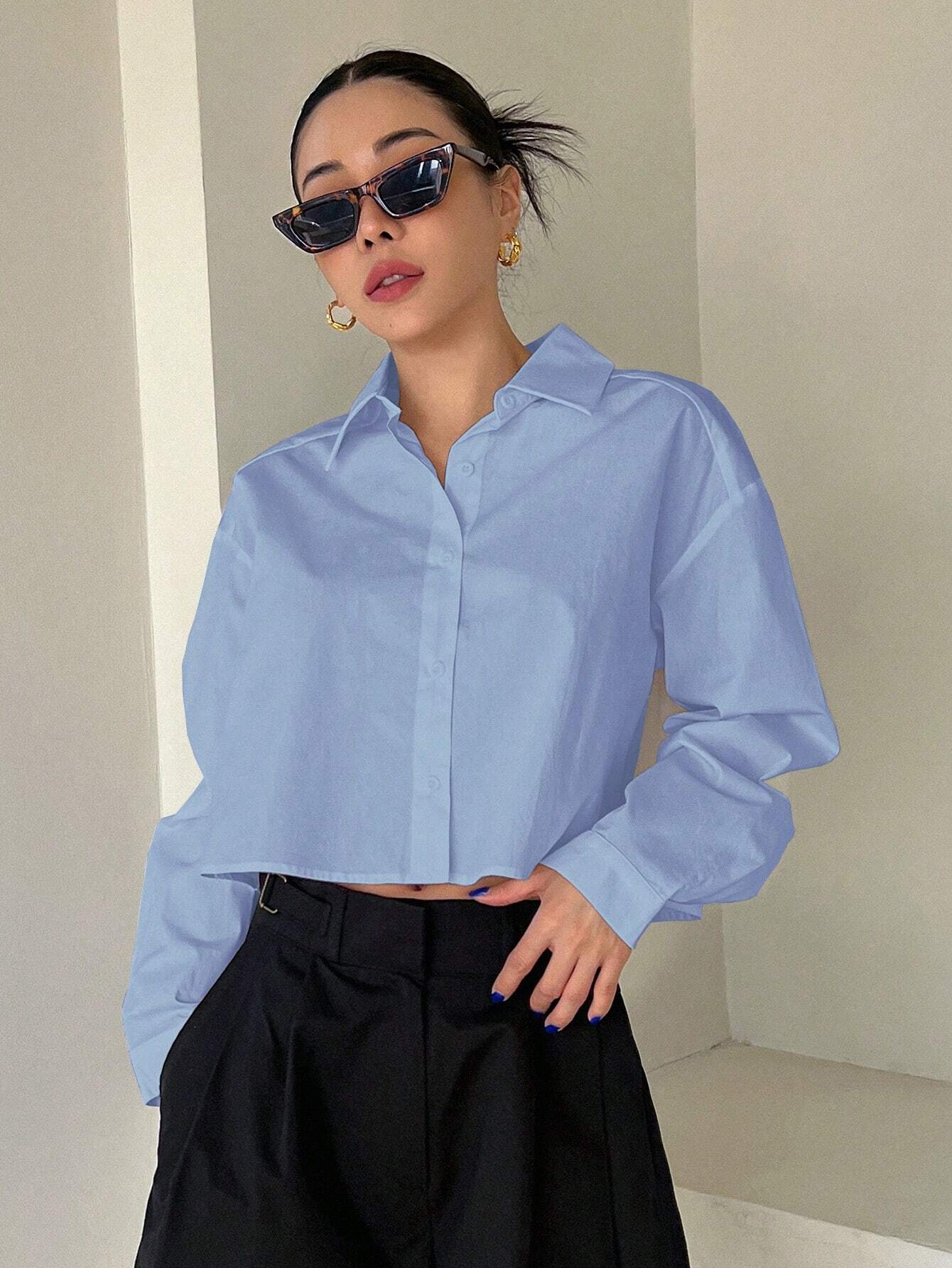 DAZY Solid Color Turn-Down Collar Short Length Women Long Sleeve Shirt