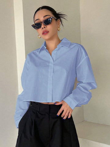 DAZY Solid Color Turn-Down Collar Short Length Women Long Sleeve Shirt