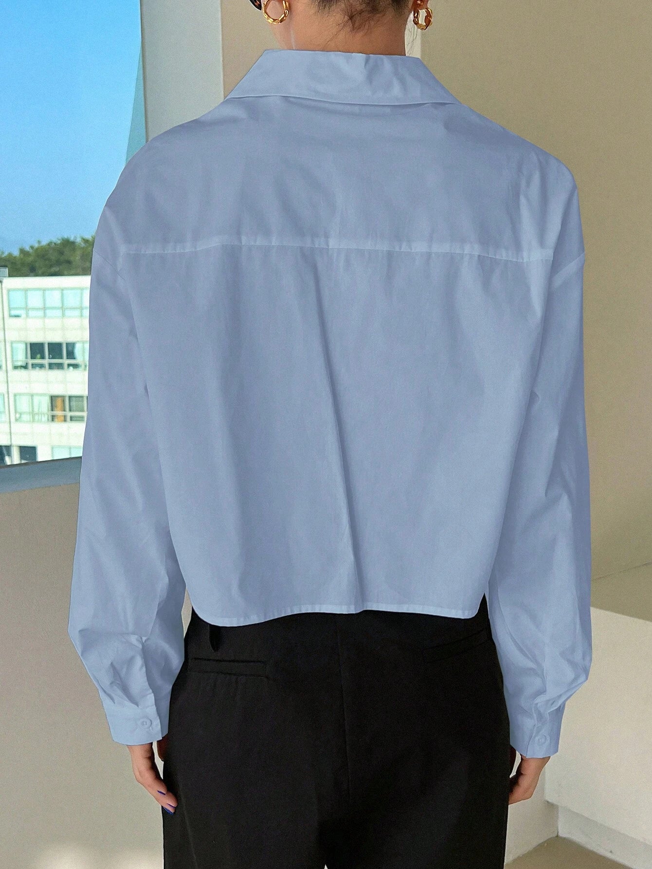 DAZY Solid Color Turn-Down Collar Short Length Women Long Sleeve Shirt