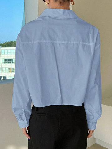DAZY Solid Color Turn-Down Collar Short Length Women Long Sleeve Shirt