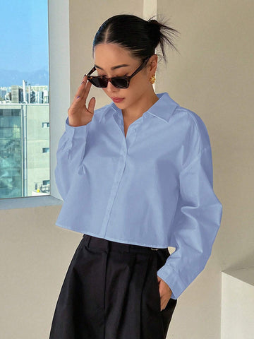 DAZY Solid Color Turn-Down Collar Short Length Women Long Sleeve Shirt