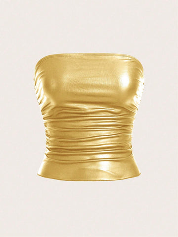 ICON Summer Solid Color Slim Fit Ruched Crop Tube Top