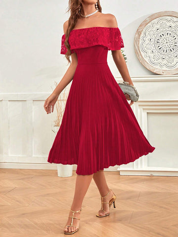 Clasi Patchwork Lace Ruffle Off-Shoulder Dress