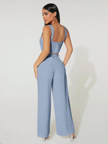 PETITE Notched Neck Crop Tank Top & Wide Leg Pants