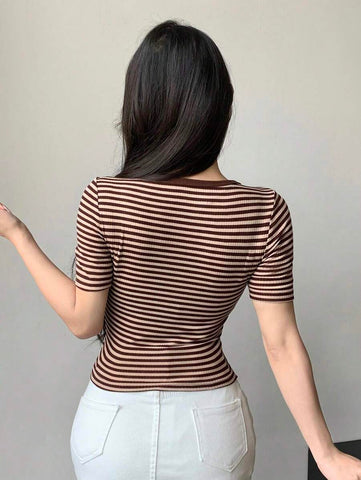 DAZY Women Summer Casual Striped Slim Fit Short Sleeve T-Shirt