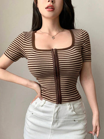 DAZY Women Summer Casual Striped Slim Fit Short Sleeve T-Shirt