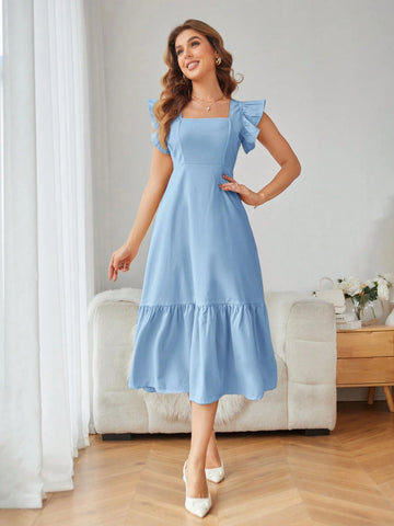 Rosie Solid Color Square Neck Ruffle Armhole And Hemline Dress