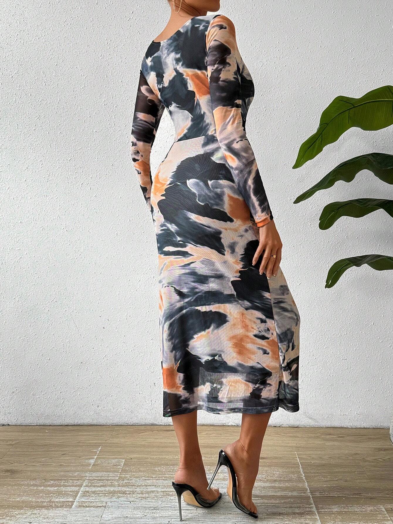 BAE Allover Print Ruched Mesh Dress