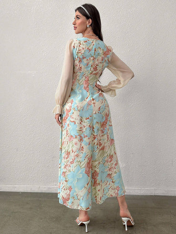 Mulvari Women's Floral Patchwork Ruffle Sleeve Sweetheart Neckline Dress