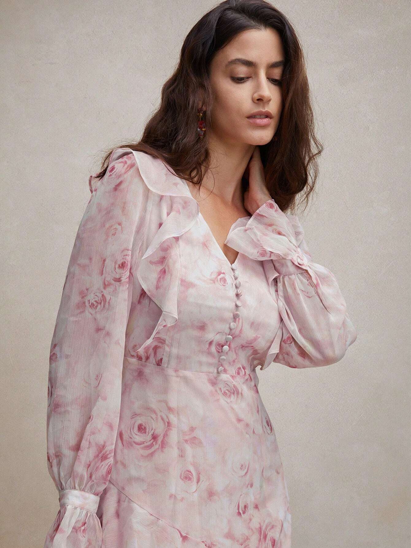 Anewsta Women's Vacation Style V-Neck Ruffle Edge Fashionable Floral Printed Dress