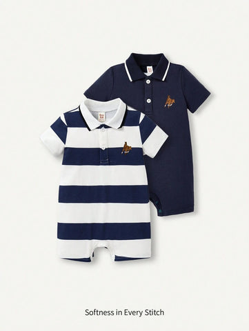 Baby Boy Color Block Flat Knitted Collar Short Sleeve Romper Set
