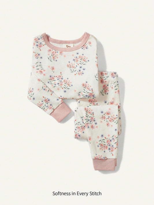 Cozy Pixies Baby Girl Snug Fit Pajamas With Floral Print, Including Long Sleeve Pullover Top And Long Pants