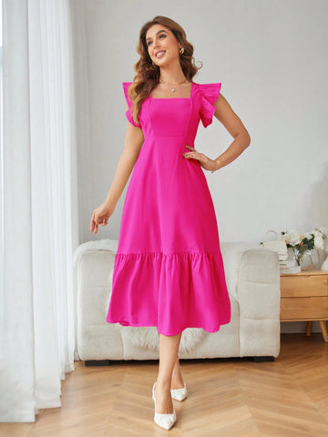 Rosie Solid Color Square Neck Ruffle Armhole And Hemline Dress