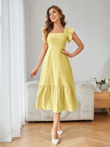 Rosie Solid Color Square Neck Ruffle Armhole And Hemline Dress