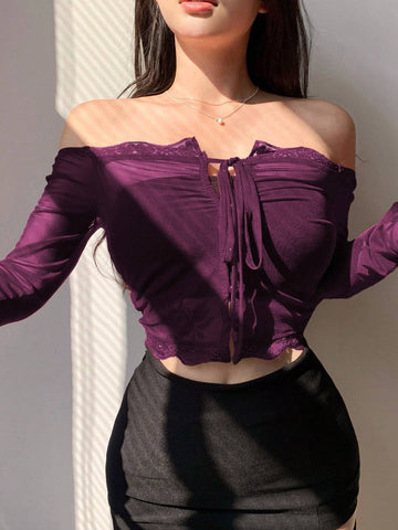 DAZY Women'S Lace Patchwork Front Knot Top