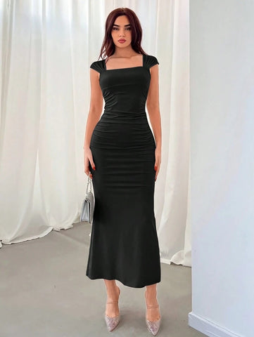 Aloruh Women's Solid Color Square Neck Ruffle Hem Elegant Dress