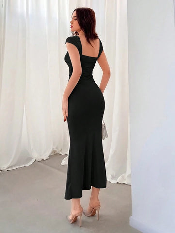 Aloruh Women's Solid Color Square Neck Ruffle Hem Elegant Dress