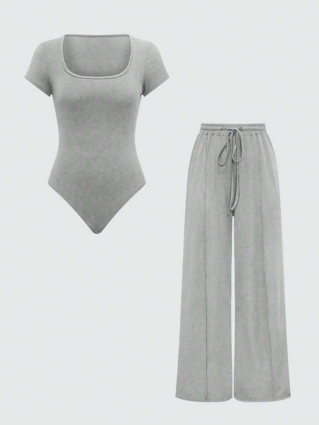 EZwear Plain Color Asymmetric Hem Top And Pants Two Piece Set