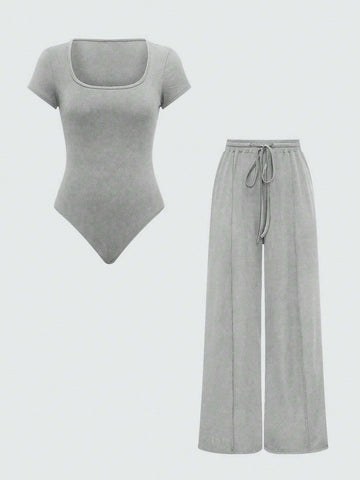 EZwear Plain Color Asymmetric Hem Top And Pants Two Piece Set