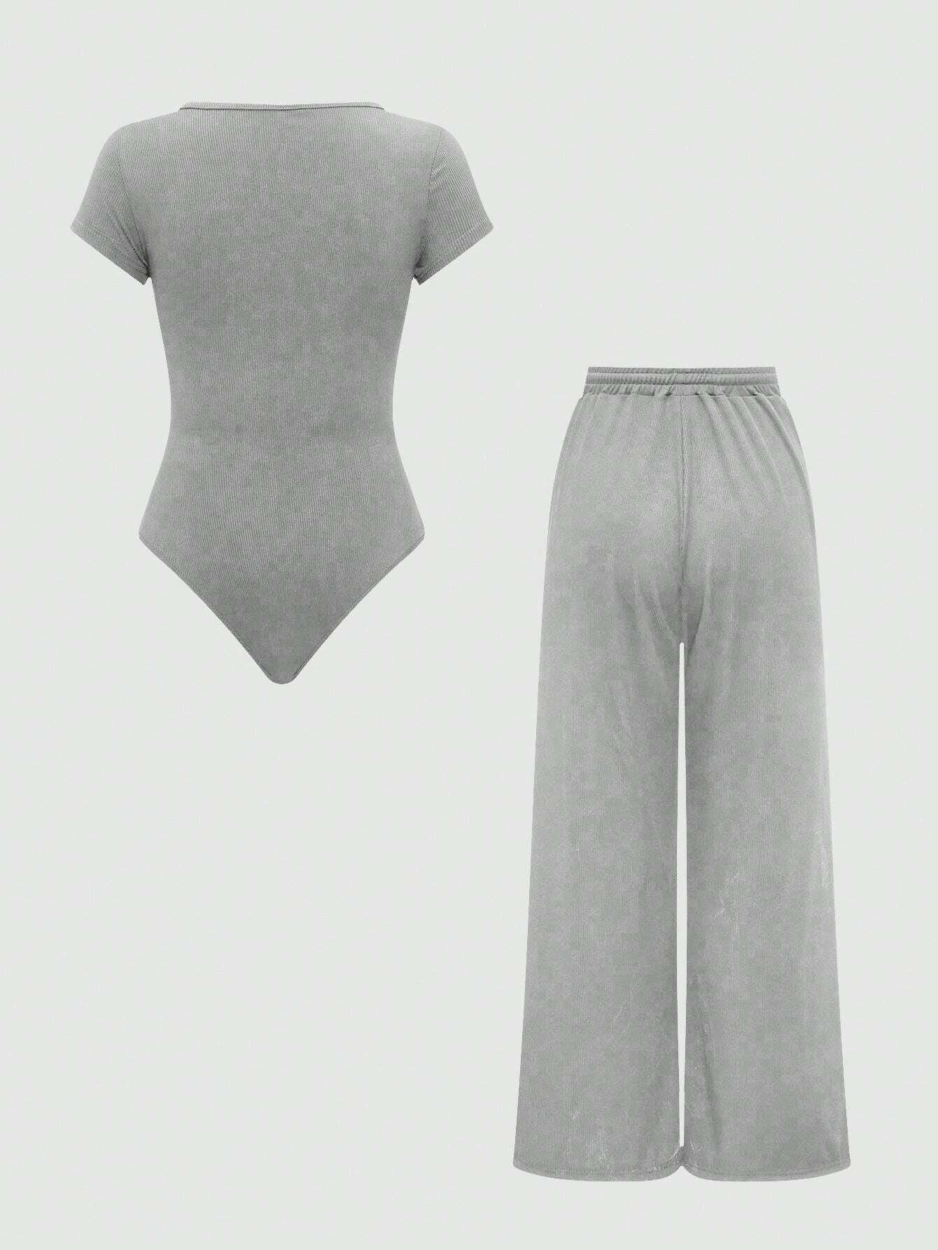EZwear Plain Color Asymmetric Hem Top And Pants Two Piece Set
