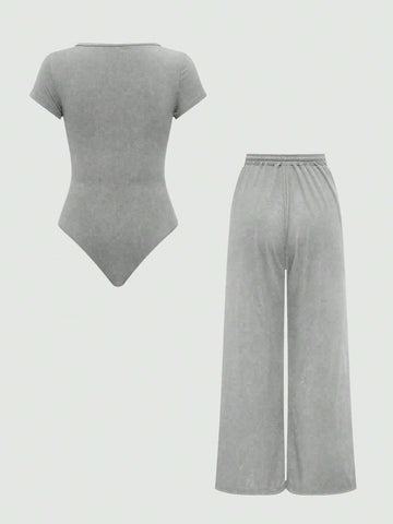 EZwear Plain Color Asymmetric Hem Top And Pants Two Piece Set