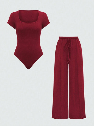 EZwear Plain Color Asymmetric Hem Top And Pants Two Piece Set