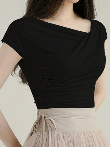 DAZY Solid Color Asymmetrical Collar Slim Short Sleeve T-Shirt