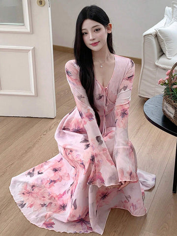 DAZY Women V-Neck Floral Printed Long Sleeve Chiffon Dress With Waist Tie