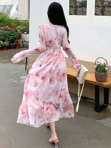 DAZY Women V-Neck Floral Printed Long Sleeve Chiffon Dress With Waist Tie