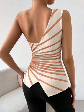 Privé Striped Print One Shoulder Asymmetrical Top