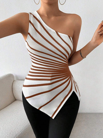 Privé Striped Print One Shoulder Asymmetrical Top