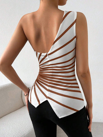 Priv� Striped Print One Shoulder Asymmetrical Top