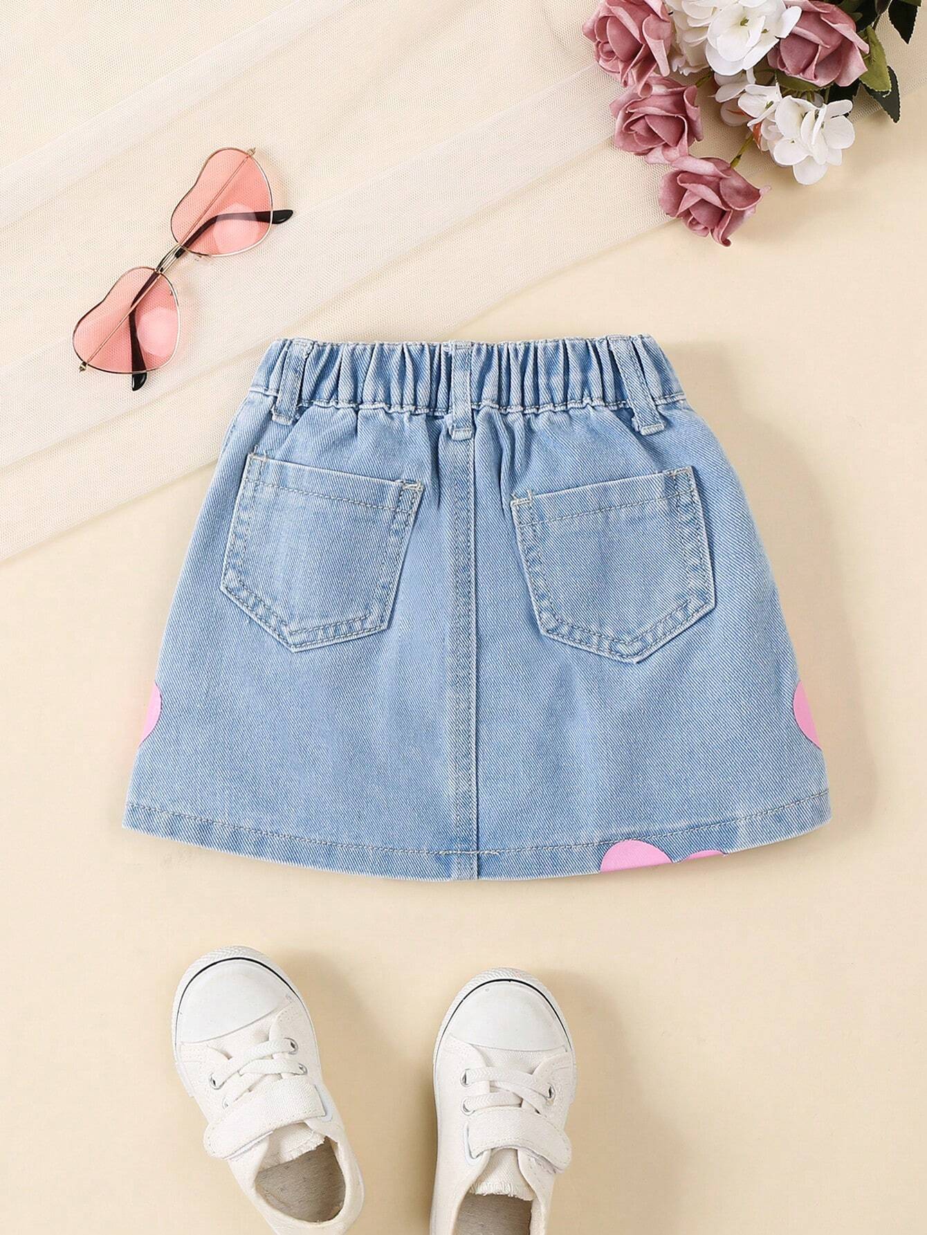 Young Girl Y2k Style Sweet And Cool Heart-Shaped Printing Elastic Waist Denim Skirt