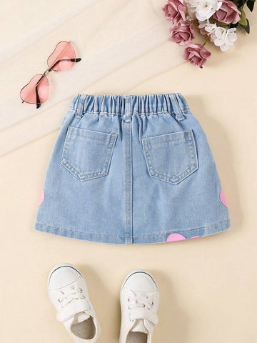 Young Girl Y2k Style Sweet And Cool Heart-Shaped Printing Elastic Waist Denim Skirt
