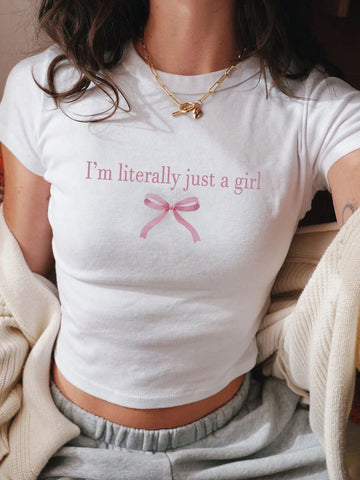 Slogan Bow Detail-Knot Print Round Neck Short Sleeve Casual T-Shirt