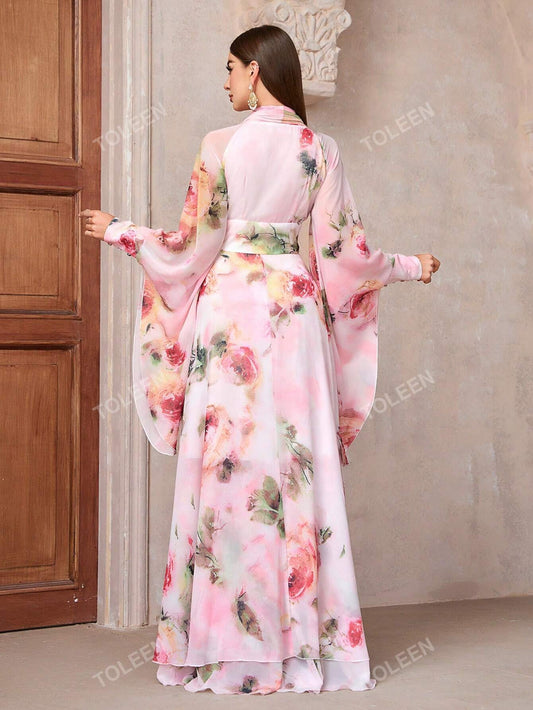 Women's Elegant Floral Print High Waist Bell-Sleeve Dress