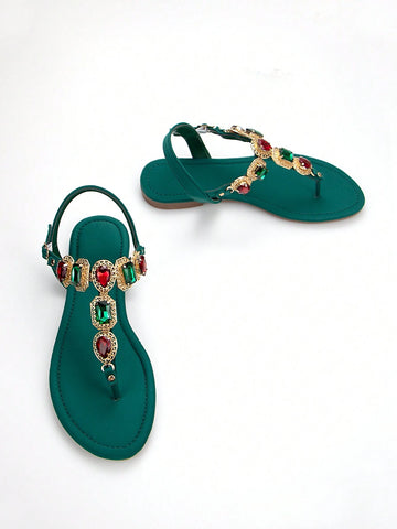 Women Rhinestone Decor Ankle Strap Thong Sandals