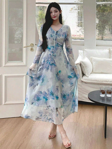 DAZY Women V-Neck Floral Printed Long Sleeve Chiffon Dress With Waist Tie