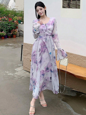 DAZY Women V-Neck Floral Printed Long Sleeve Chiffon Dress With Waist Tie