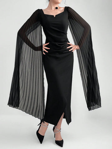 Modely Elegant Dress With A Notched Collar, Pleats, Cinched Waistline, Cape Sleeves