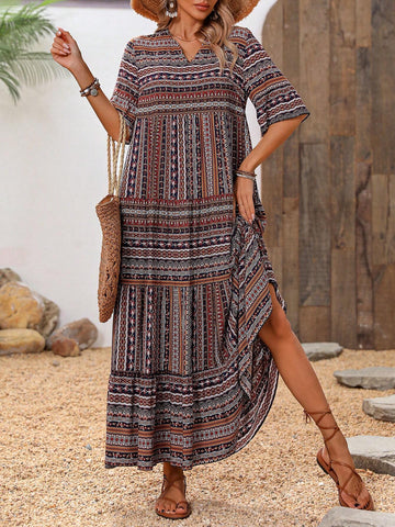 LUNE Women Bohemian Random Cut Printed Dress