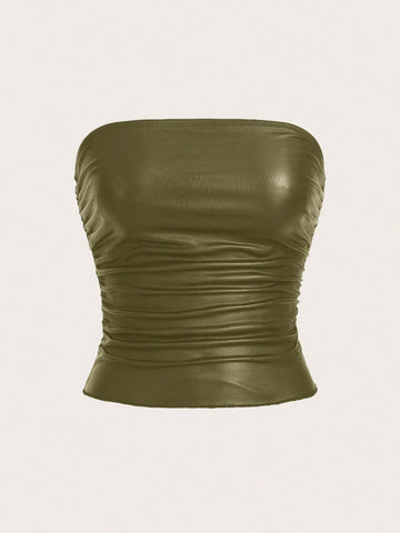 ICON Summer Solid Color Slim Fit Ruched Crop Tube Top