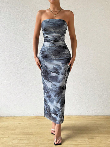 BAE Allover Print Ruched Side Tube Bodycon Dress