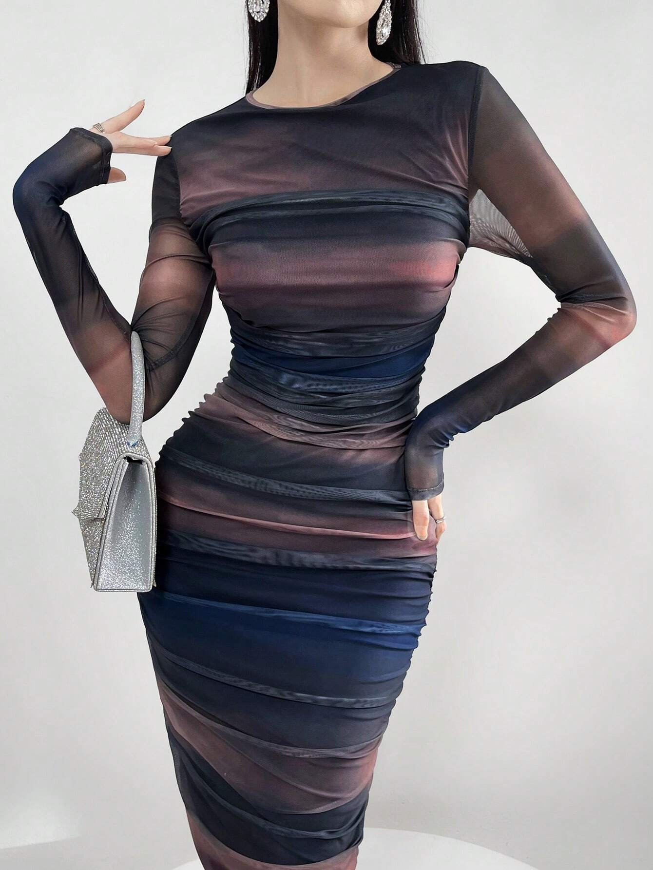 Modely Women Fashion Color Block Tight-Fitting Long Sleeve Dress