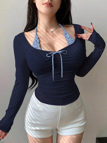 DAZY Women Slim-Fit Long-Sleeve Halter T-Shirt With Chest Ruched Bow Knot