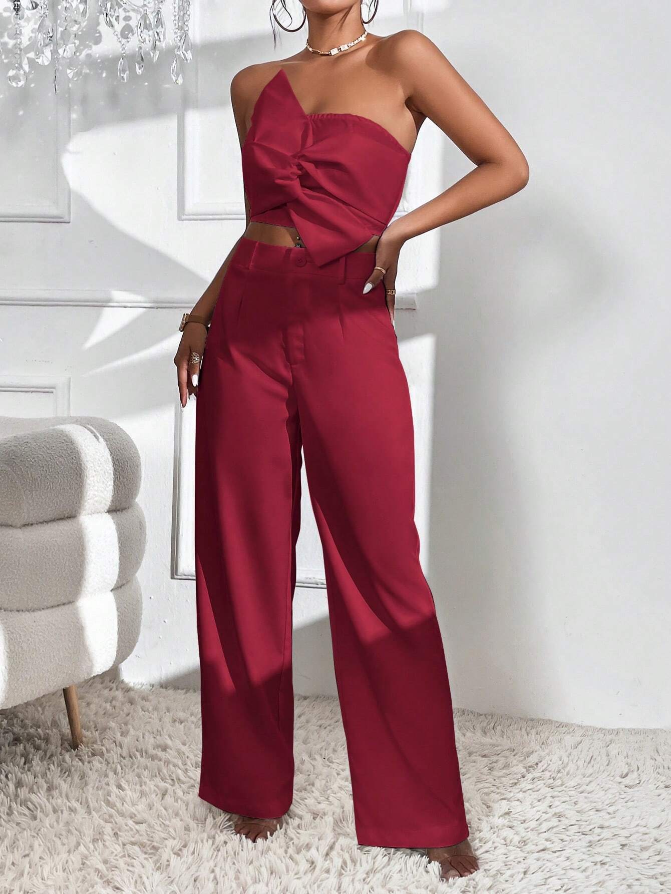 Privé Twist Front Crop Top & Wide Leg Pants