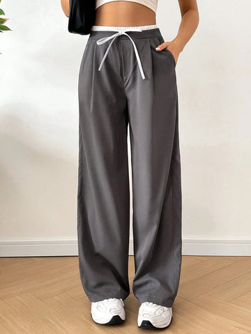 EZwear Women's Lace-Up Pleated Casual Daily Wear Long Pants