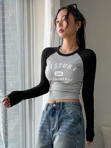 DAZY Color Block Raglan Sleeve Letter Print Round Neck Slim Fit Long Sleeve Women's T-Shirt