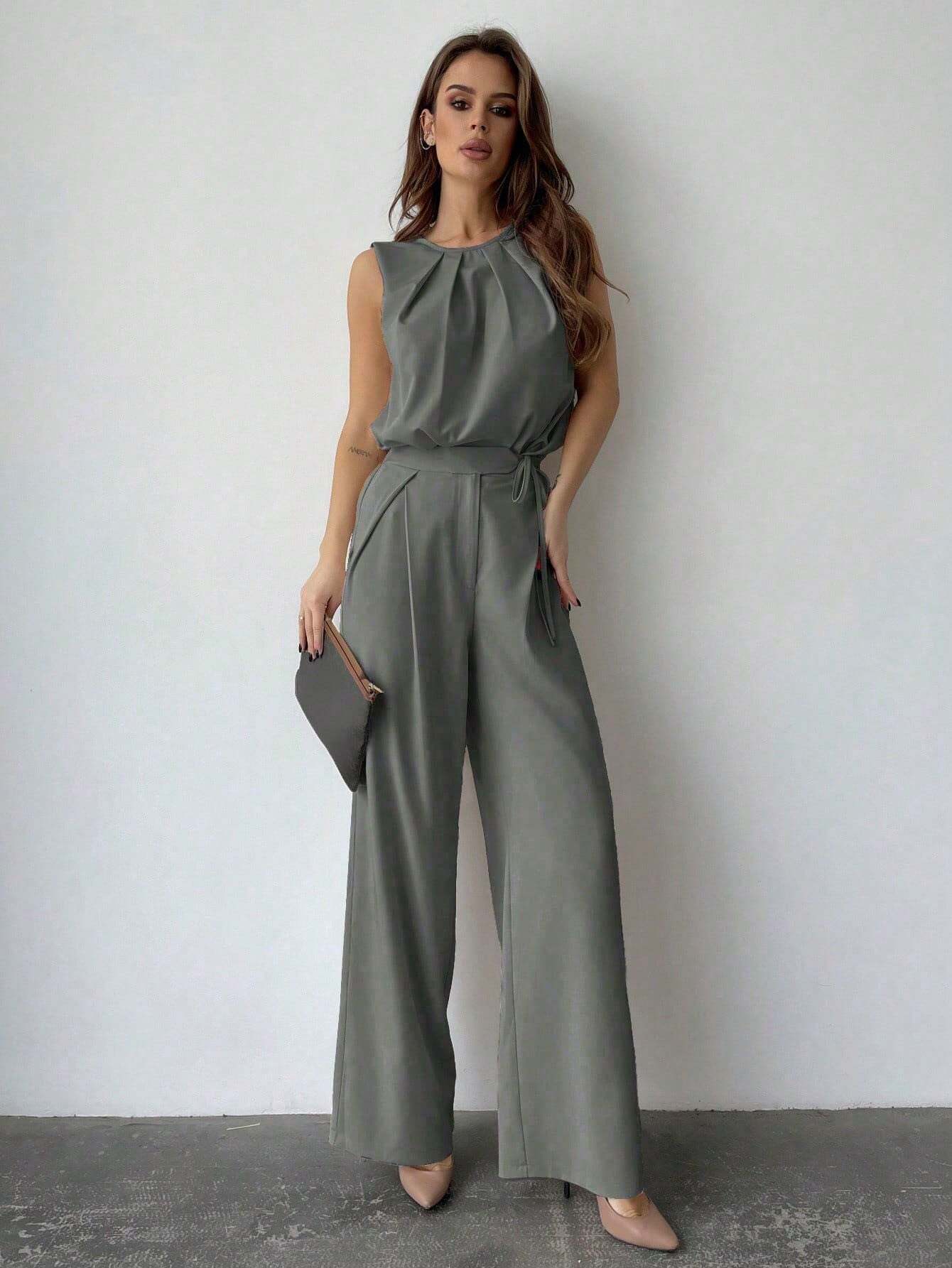 Privé Solid Color Round Neck Pleated Top And Wide Leg Pants